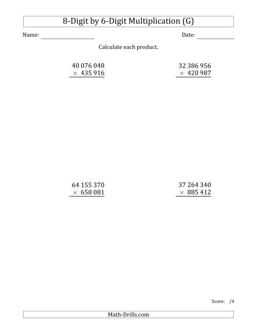 The Multiplying 8-Digit by 6-Digit Numbers with Space-Separated Thousands (G) Math Worksheet
