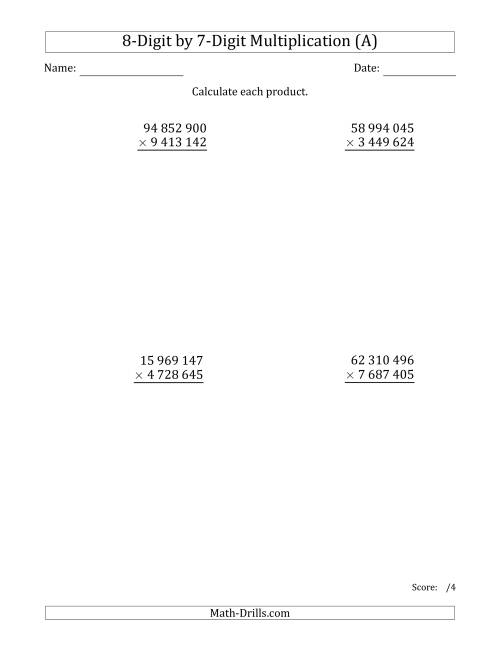 The Multiplying 8-Digit by 7-Digit Numbers with Space-Separated Thousands (A) Math Worksheet