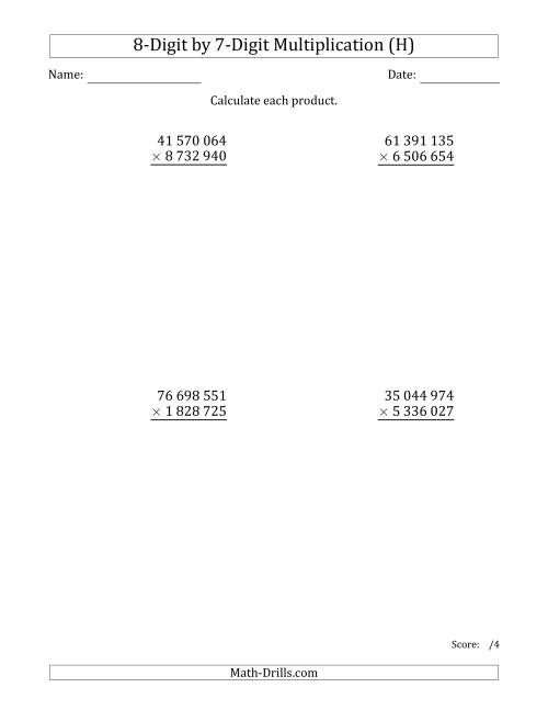 The Multiplying 8-Digit by 7-Digit Numbers with Space-Separated Thousands (H) Math Worksheet