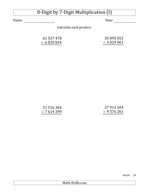 The Multiplying 8-Digit by 7-Digit Numbers with Space-Separated Thousands (I) Math Worksheet