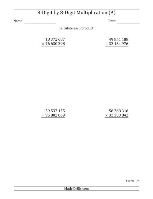 The Multiplying 8-Digit by 8-Digit Numbers with Space-Separated Thousands (A) Math Worksheet