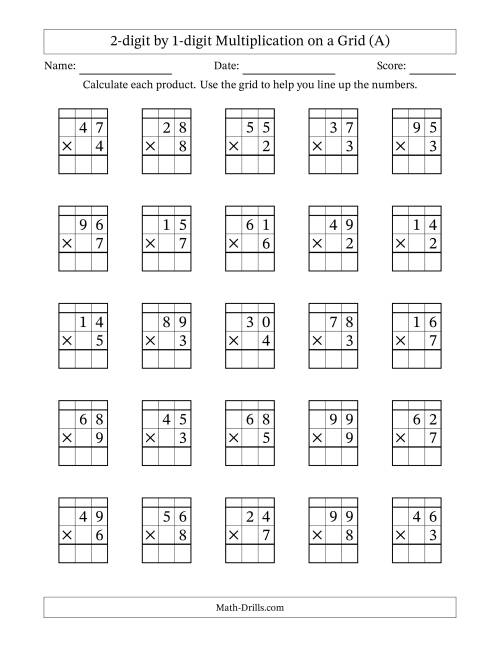 The 2-digit by 1-digit Multiplication with Grid Support Including Regrouping (A) Math Worksheet