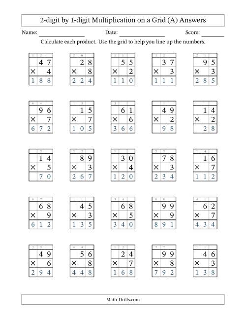 The 2-digit by 1-digit Multiplication with Grid Support Including Regrouping (A) Math Worksheet Page 2