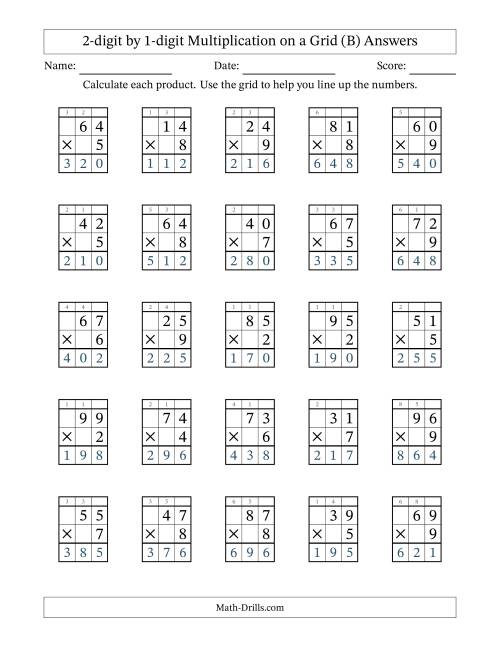 The 2-digit by 1-digit Multiplication with Grid Support Including Regrouping (B) Math Worksheet Page 2