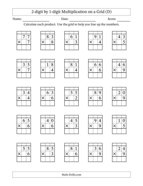 The 2-digit by 1-digit Multiplication with Grid Support Including Regrouping (D) Math Worksheet