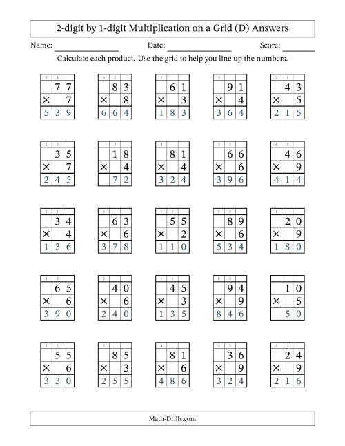 The 2-digit by 1-digit Multiplication with Grid Support Including Regrouping (D) Math Worksheet Page 2