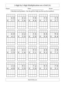 2-digit by 2-digit Multiplication with Grid Support Including Regrouping