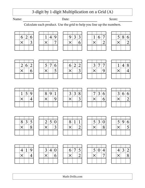 The 3-digit by 1-digit Multiplication with Grid Support Including Regrouping (A) Math Worksheet