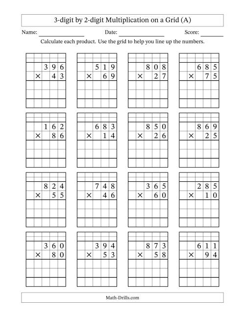 The 3-digit by 2-digit Multiplication with Grid Support Including Regrouping (A) Math Worksheet