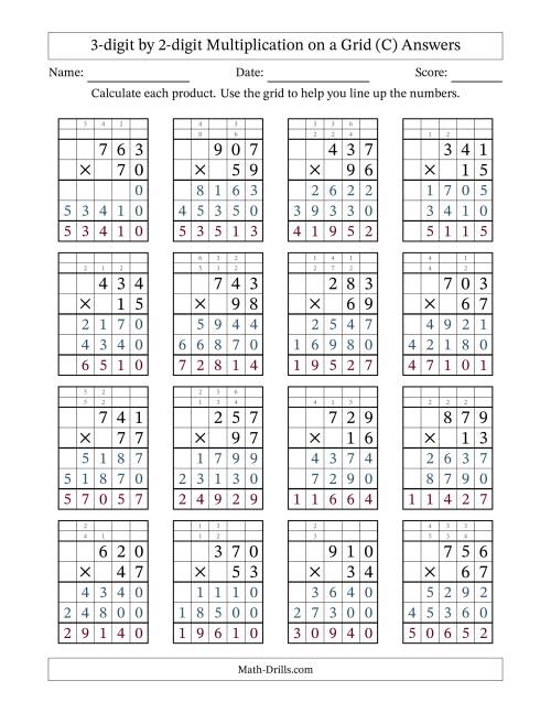 3-Digit by 2-Digit Multiplication with Grid Support (C)