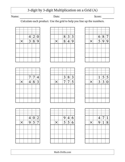 The 3-digit by 3-digit Multiplication with Grid Support Including Regrouping (A) Math Worksheet