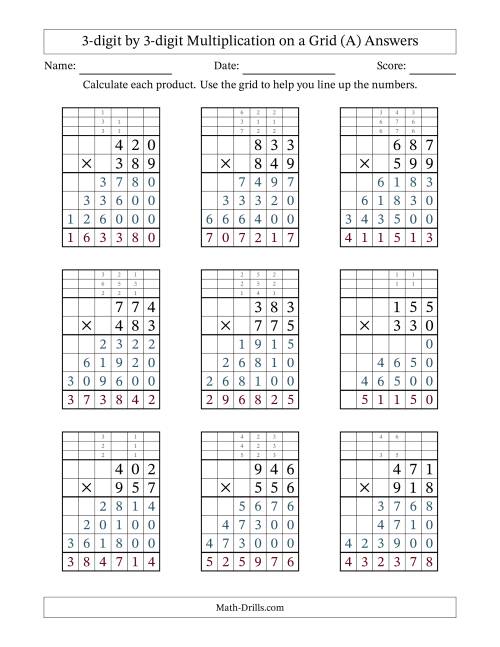 The 3-digit by 3-digit Multiplication with Grid Support Including Regrouping (A) Math Worksheet Page 2