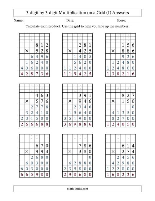 The 3-digit by 3-digit Multiplication with Grid Support Including Regrouping (I) Math Worksheet Page 2
