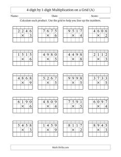 4-digit by 1-digit Multiplication with Grid Support Including Regrouping
