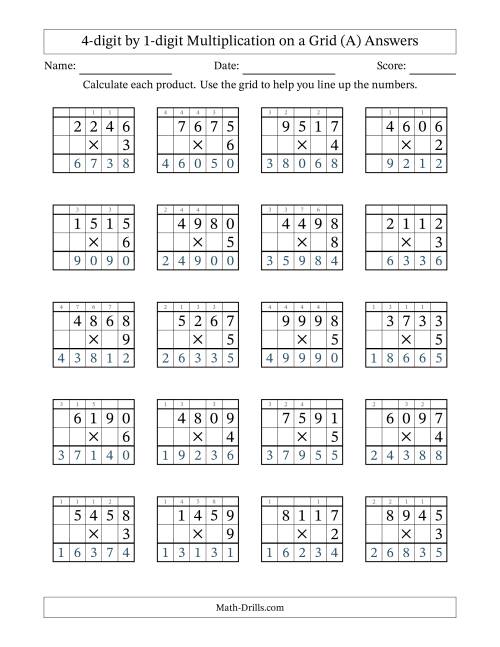 The 4-digit by 1-digit Multiplication with Grid Support Including Regrouping (A) Math Worksheet Page 2