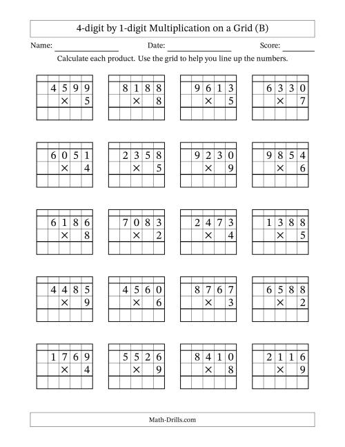The 4-digit by 1-digit Multiplication with Grid Support Including Regrouping (B) Math Worksheet