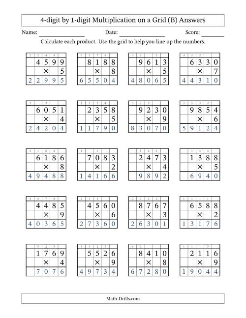 The 4-digit by 1-digit Multiplication with Grid Support Including Regrouping (B) Math Worksheet Page 2
