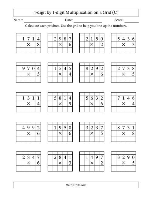 The 4-digit by 1-digit Multiplication with Grid Support Including Regrouping (C) Math Worksheet