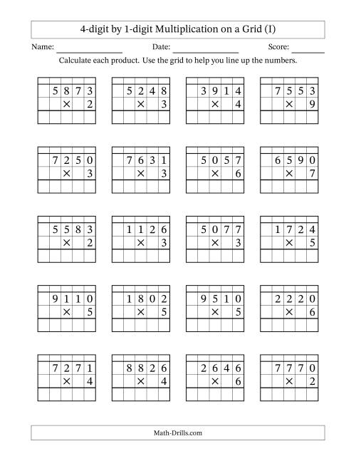 The 4-digit by 1-digit Multiplication with Grid Support Including Regrouping (I) Math Worksheet