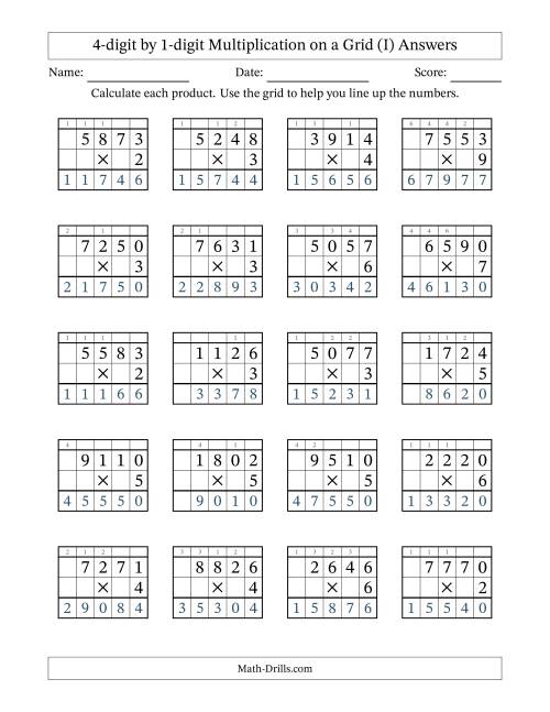 The 4-digit by 1-digit Multiplication with Grid Support Including Regrouping (I) Math Worksheet Page 2
