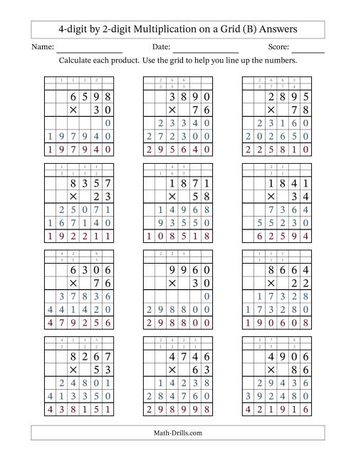 4 digit by 2 digit multiplication with grid support b