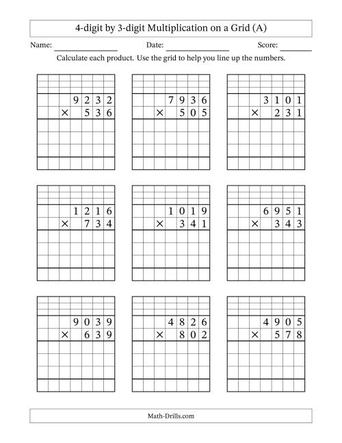 The 4-digit by 3-digit Multiplication with Grid Support Including Regrouping (A) Math Worksheet