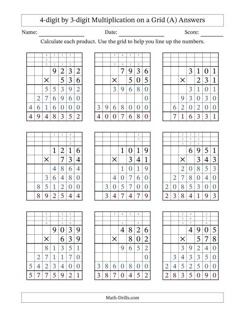 The 4-digit by 3-digit Multiplication with Grid Support Including Regrouping (A) Math Worksheet Page 2