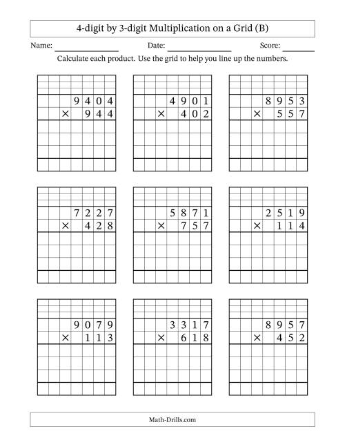 The 4-digit by 3-digit Multiplication with Grid Support Including Regrouping (B) Math Worksheet