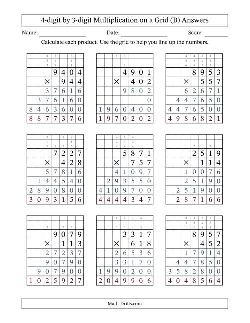 The 4-digit by 3-digit Multiplication with Grid Support Including Regrouping (B) Math Worksheet Page 2