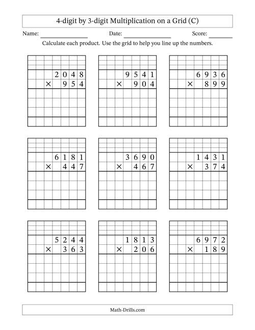 The 4-digit by 3-digit Multiplication with Grid Support Including Regrouping (C) Math Worksheet