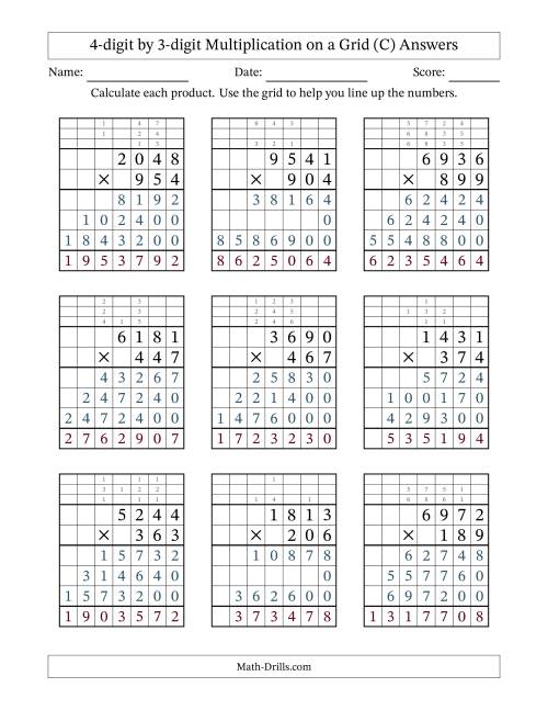 The 4-digit by 3-digit Multiplication with Grid Support Including Regrouping (C) Math Worksheet Page 2