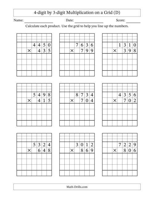 The 4-digit by 3-digit Multiplication with Grid Support Including Regrouping (D) Math Worksheet