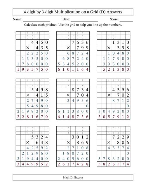 The 4-digit by 3-digit Multiplication with Grid Support Including Regrouping (D) Math Worksheet Page 2