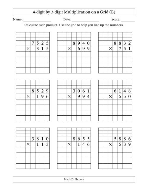 The 4-digit by 3-digit Multiplication with Grid Support Including Regrouping (E) Math Worksheet