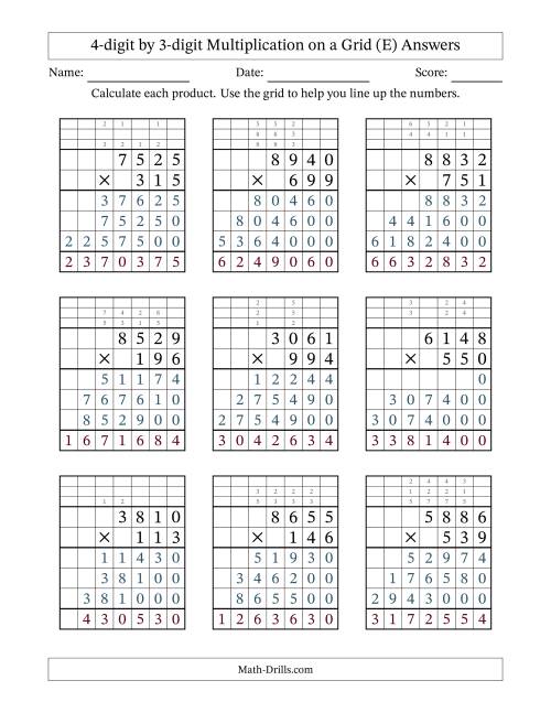 The 4-digit by 3-digit Multiplication with Grid Support Including Regrouping (E) Math Worksheet Page 2
