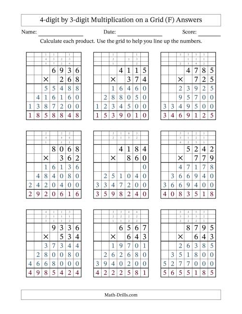 The 4-digit by 3-digit Multiplication with Grid Support Including Regrouping (F) Math Worksheet Page 2