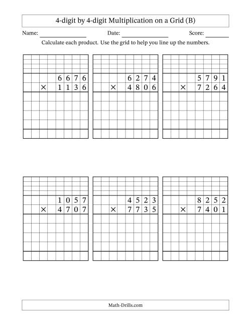 The 4-digit by 4-digit Multiplication with Grid Support Including Regrouping (B) Math Worksheet