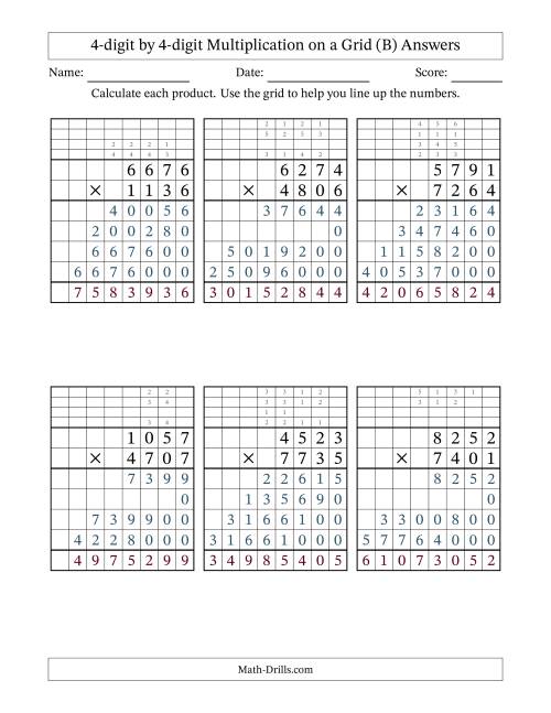 The 4-digit by 4-digit Multiplication with Grid Support Including Regrouping (B) Math Worksheet Page 2