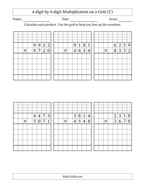The 4-digit by 4-digit Multiplication with Grid Support Including Regrouping (C) Math Worksheet