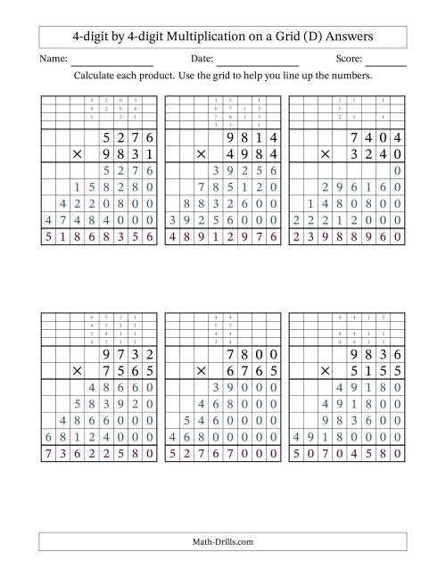 The 4-digit by 4-digit Multiplication with Grid Support Including Regrouping (D) Math Worksheet Page 2