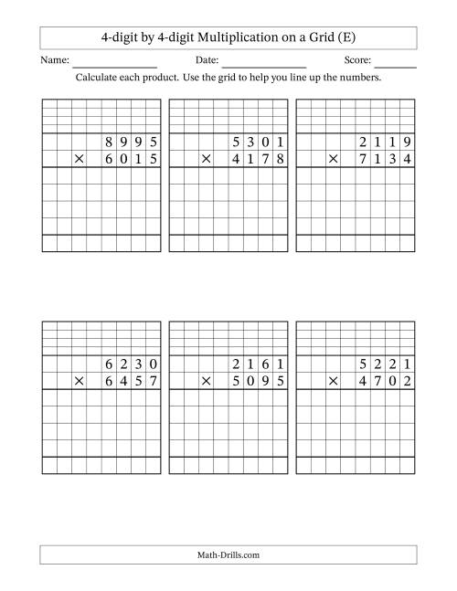 The 4-digit by 4-digit Multiplication with Grid Support Including Regrouping (E) Math Worksheet
