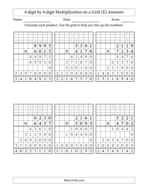 The 4-digit by 4-digit Multiplication with Grid Support Including Regrouping (E) Math Worksheet Page 2