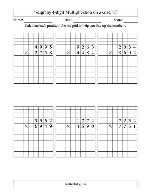 The 4-digit by 4-digit Multiplication with Grid Support Including Regrouping (F) Math Worksheet