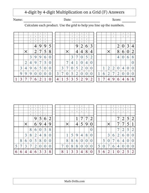 The 4-digit by 4-digit Multiplication with Grid Support Including Regrouping (F) Math Worksheet Page 2