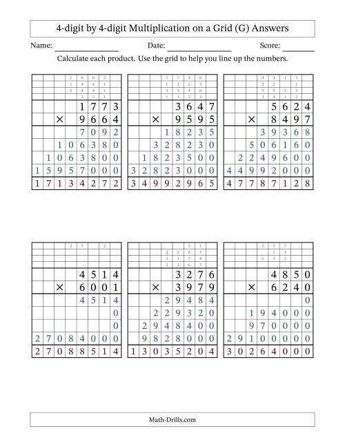 The 4-digit by 4-digit Multiplication with Grid Support Including Regrouping (G) Math Worksheet Page 2