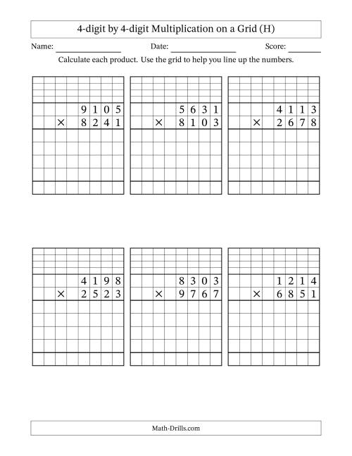 The 4-digit by 4-digit Multiplication with Grid Support Including Regrouping (H) Math Worksheet