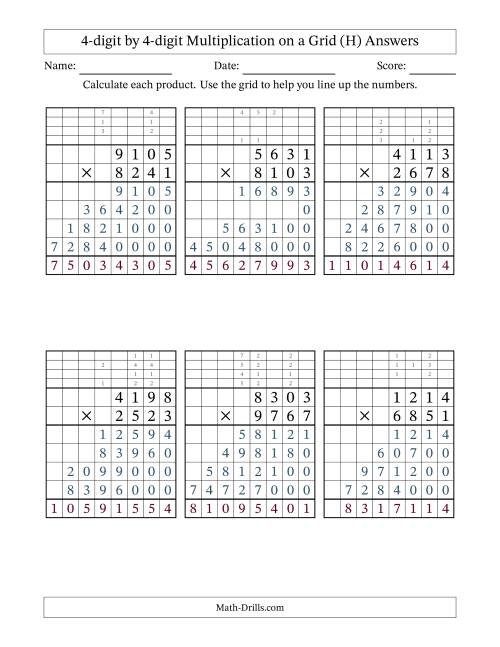 The 4-digit by 4-digit Multiplication with Grid Support Including Regrouping (H) Math Worksheet Page 2