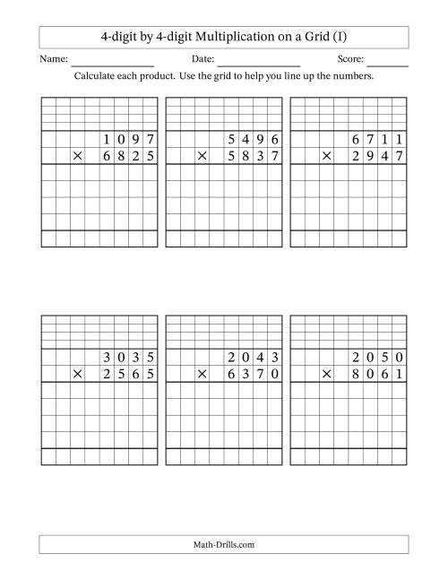 The 4-digit by 4-digit Multiplication with Grid Support Including Regrouping (I) Math Worksheet
