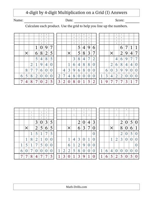 The 4-digit by 4-digit Multiplication with Grid Support Including Regrouping (I) Math Worksheet Page 2