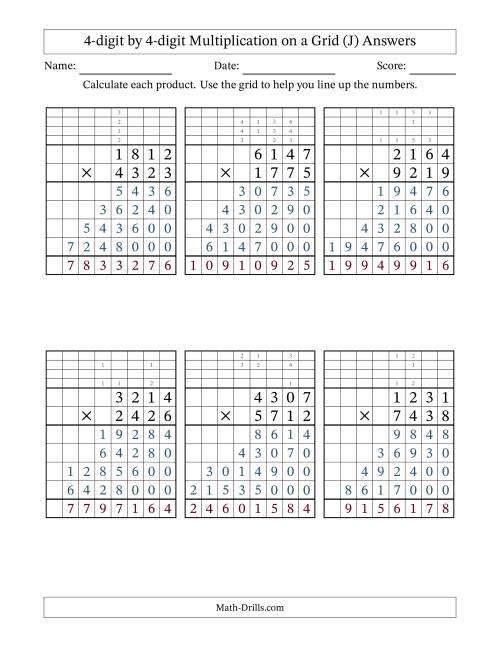 The 4-digit by 4-digit Multiplication with Grid Support Including Regrouping (J) Math Worksheet Page 2